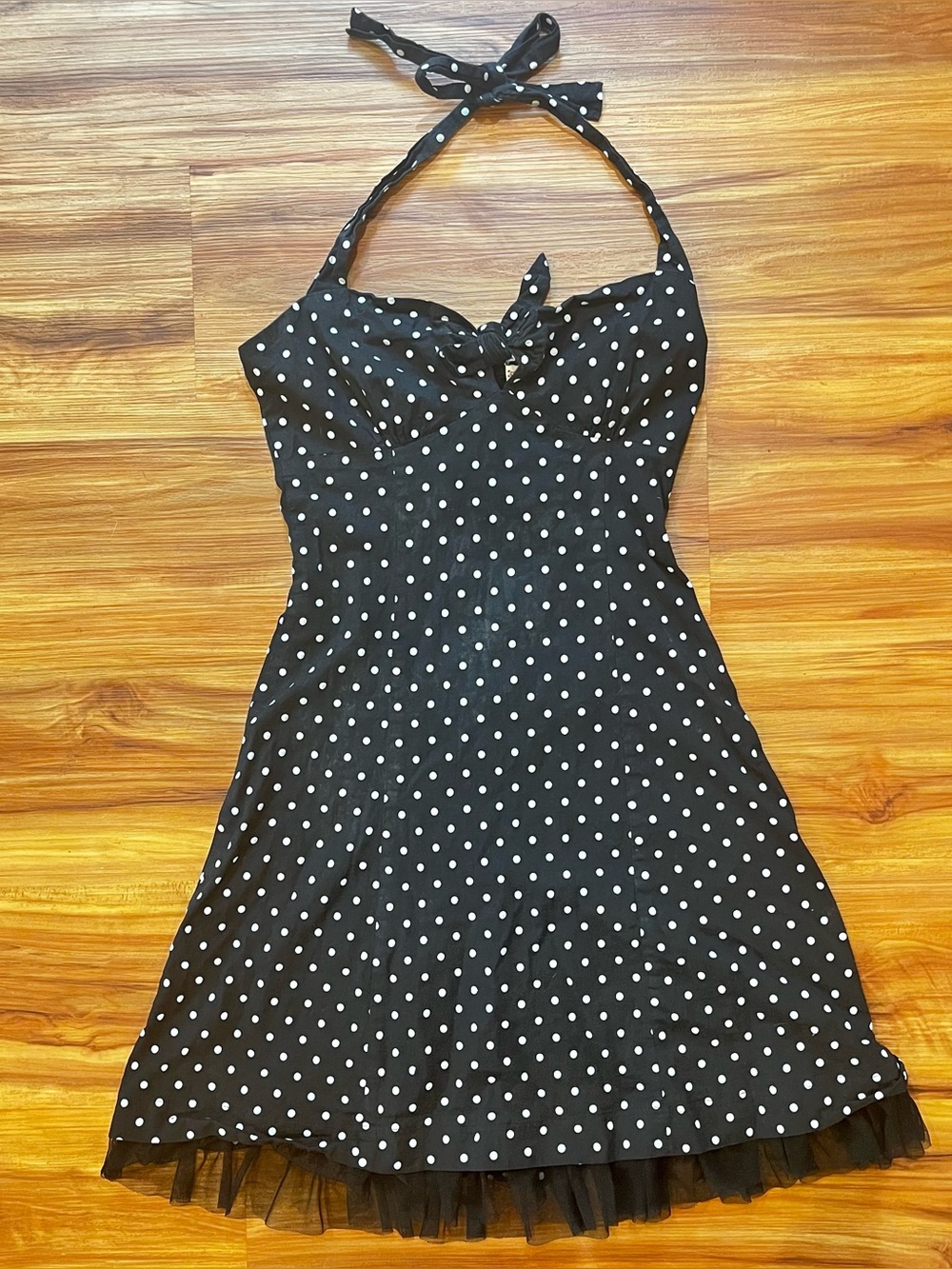 Vintage Y2K Black Polka Dot Halter Dress with Tulle Trim